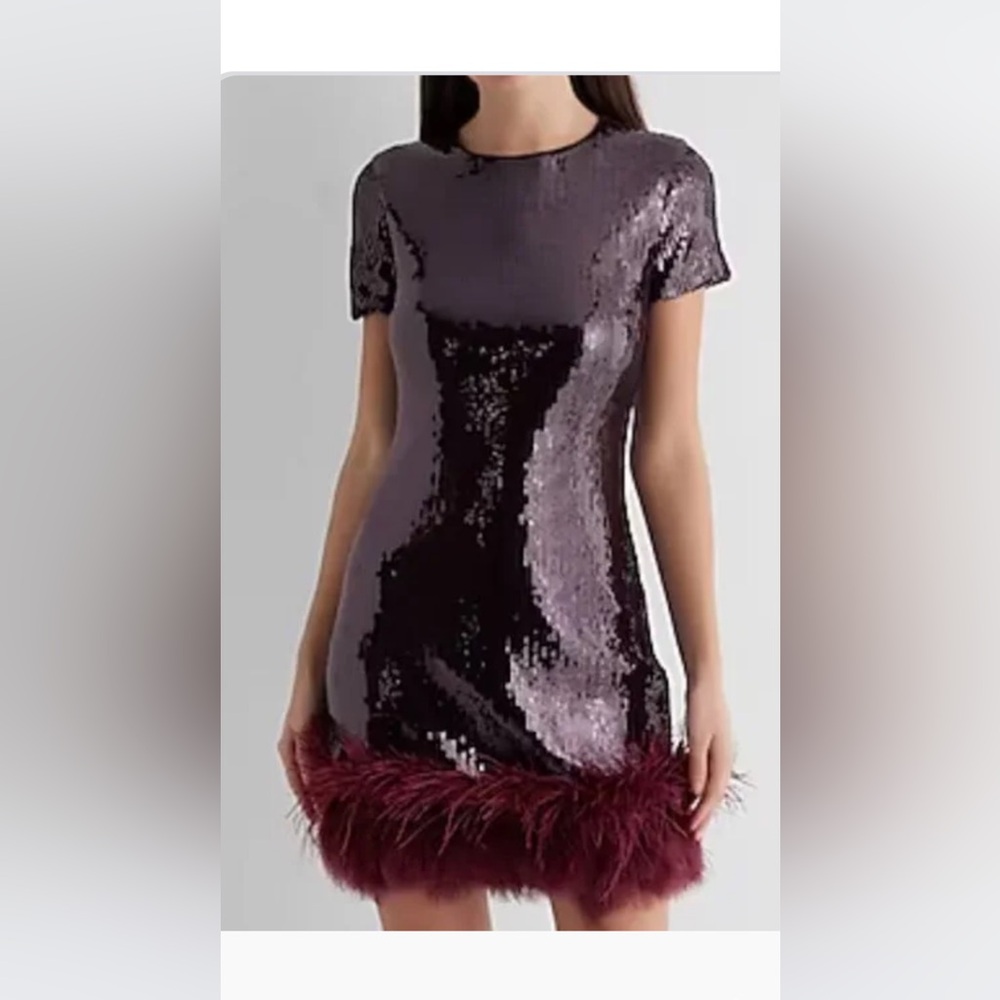 Express Burgundy Sequin Dress with Feather Hem NWOT